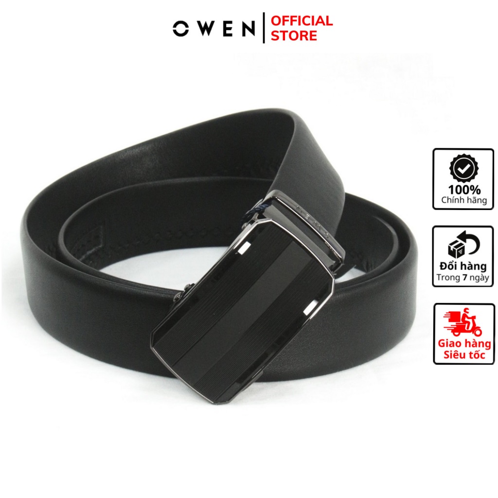 Thắt lưng da bò nam cao cấp OWEN BELT220602 dây nịt da thật màu đen mặt hợp kim đúc nguyên khối khóa trượt tự động