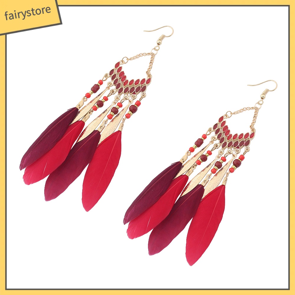 Khuyên tai dáng dài phối tua rua lông vũ phong cách Bohomian độc đáo