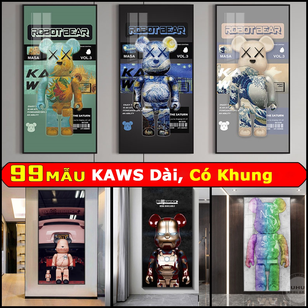 Tranh Đơn Dài Chú Gấu bearbrick/ Kaws Treo Tường Phòng Khách/ Phòng Game/ Quà Tặng Khách Hàng