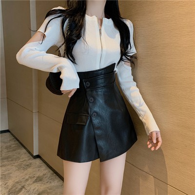Cchân váy ngắn da PU/ áo dệt kim khóa kéo thời trang | BigBuy360 - bigbuy360.vn