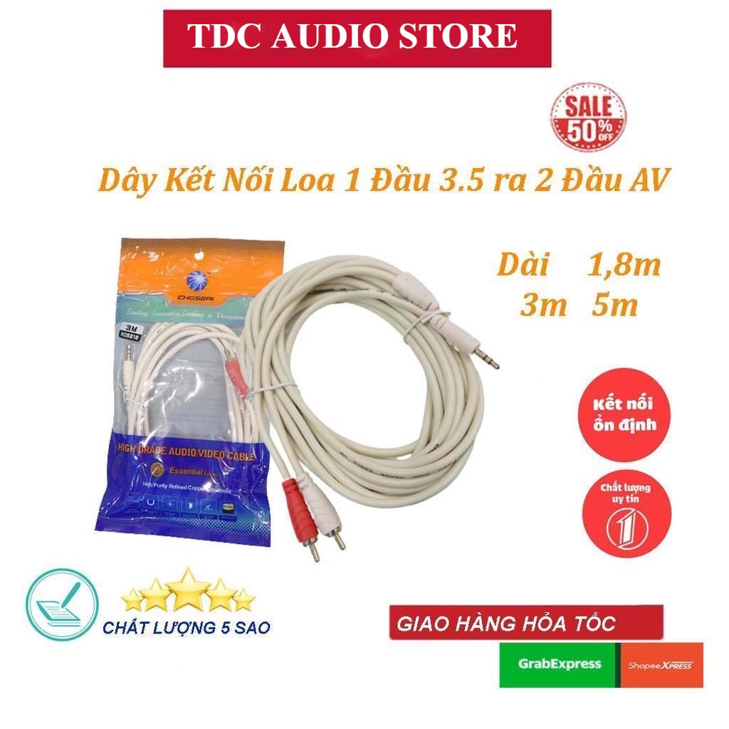 Dây loa 1 ra 2 CHOSEAL dài 1,8m 3m 5m, Dây loa 1 đầu 3,5mm ra 2 đầu AV kết nối thiết bị âm thanh chuẩn xịn