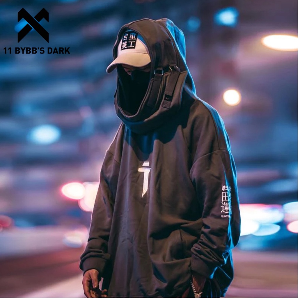 Jiye Áo sweater Chui Đầu Chui Đầu Phối Nhung Có Mũ Trùm Đầu Màu Tối In Chữ ninja Cá Phong Cách Công Nghiệp Nặng Cho Nam Và Nữ