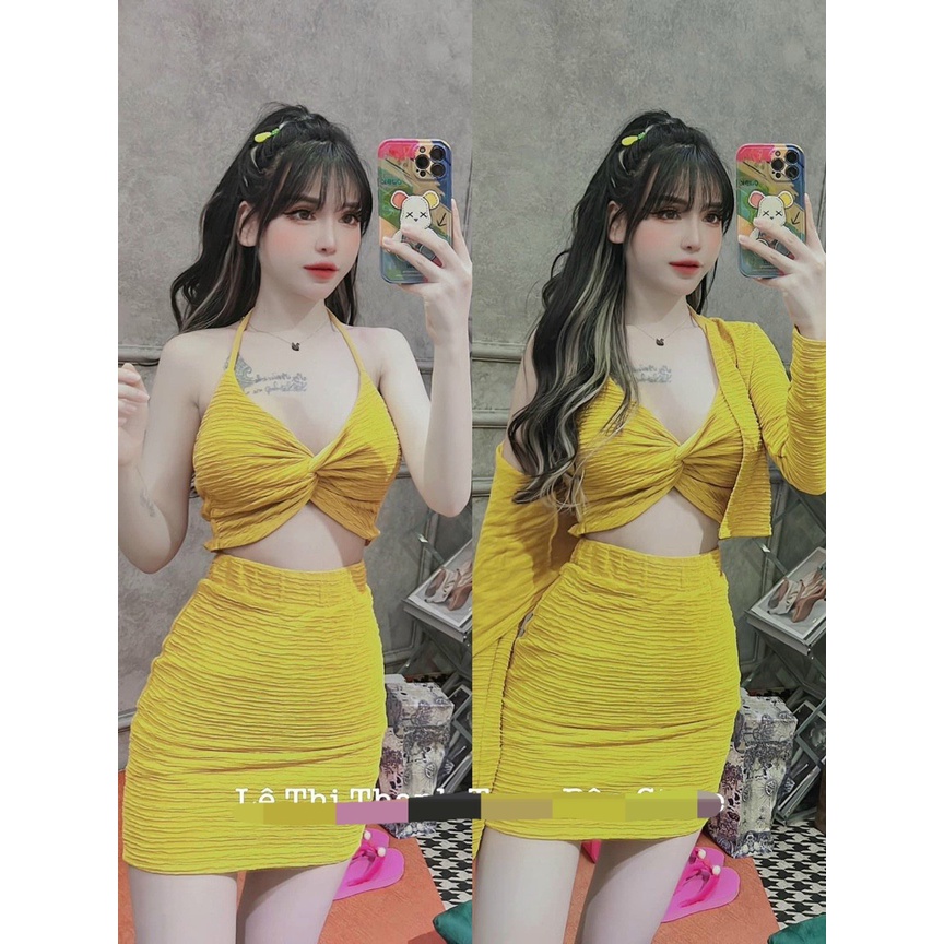 Sét bộ đi chơi,sét 3 món gồm áo khoác ngoài dài tay ,áo bra và chân váy cực xinh chất thun xốp kim cương y mẫu