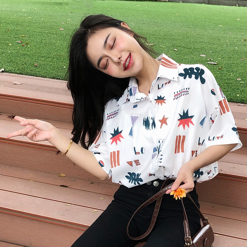 LEEVA - Áo sơ mi trắng họa tiết phong cách Hàn Quốc: Trắng