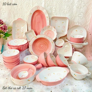 Bộ bát đĩa gốm sứ decor, Chén dĩa dễ thương, Chén ăn cơm, Sét bát đĩa sứ Thỏ cà rốt siêu xinh 19 món