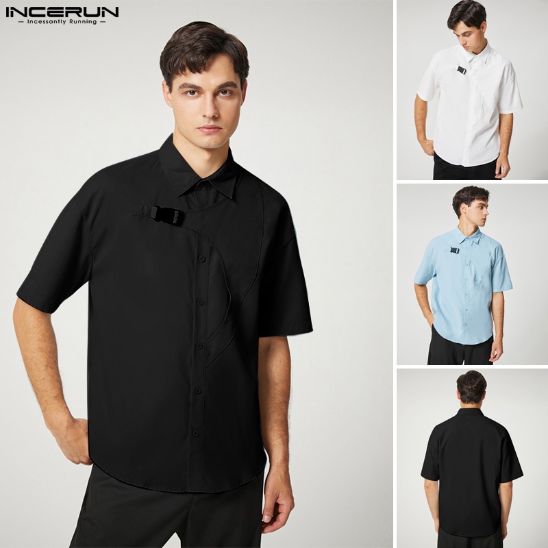 INCERUN Áo Sơ Mi Tay Ngắn Cài Khuy Thiết Kế Bất Đối Xứng Thời Trang Cá Tính Cho