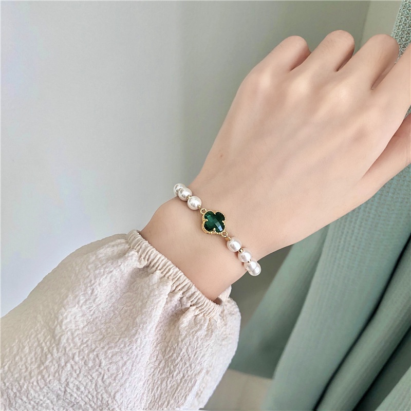 Lắc Tay Hạt Châu Charm Đá Cỏ 4 Lá - Vani Store [TS000597]
