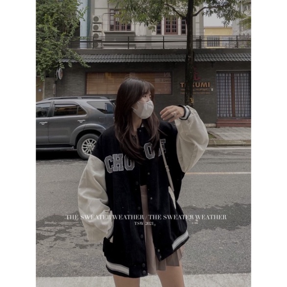 Áo khoác bomber nhung tăm cúc bấm thêu Choose ( Ảnh thật by TSW )