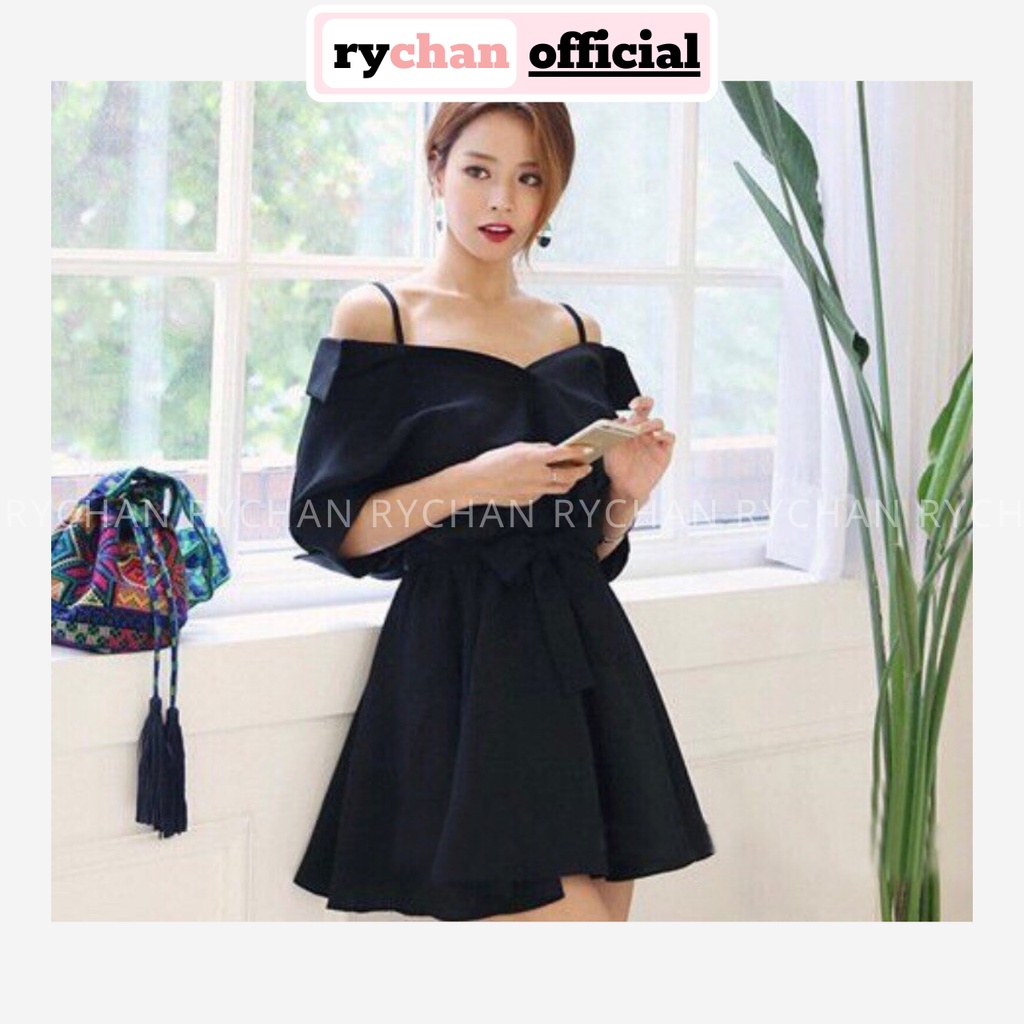 DX257 - Đầm Xòe Đen Trễ Vai 2 Dây Nơ Eo