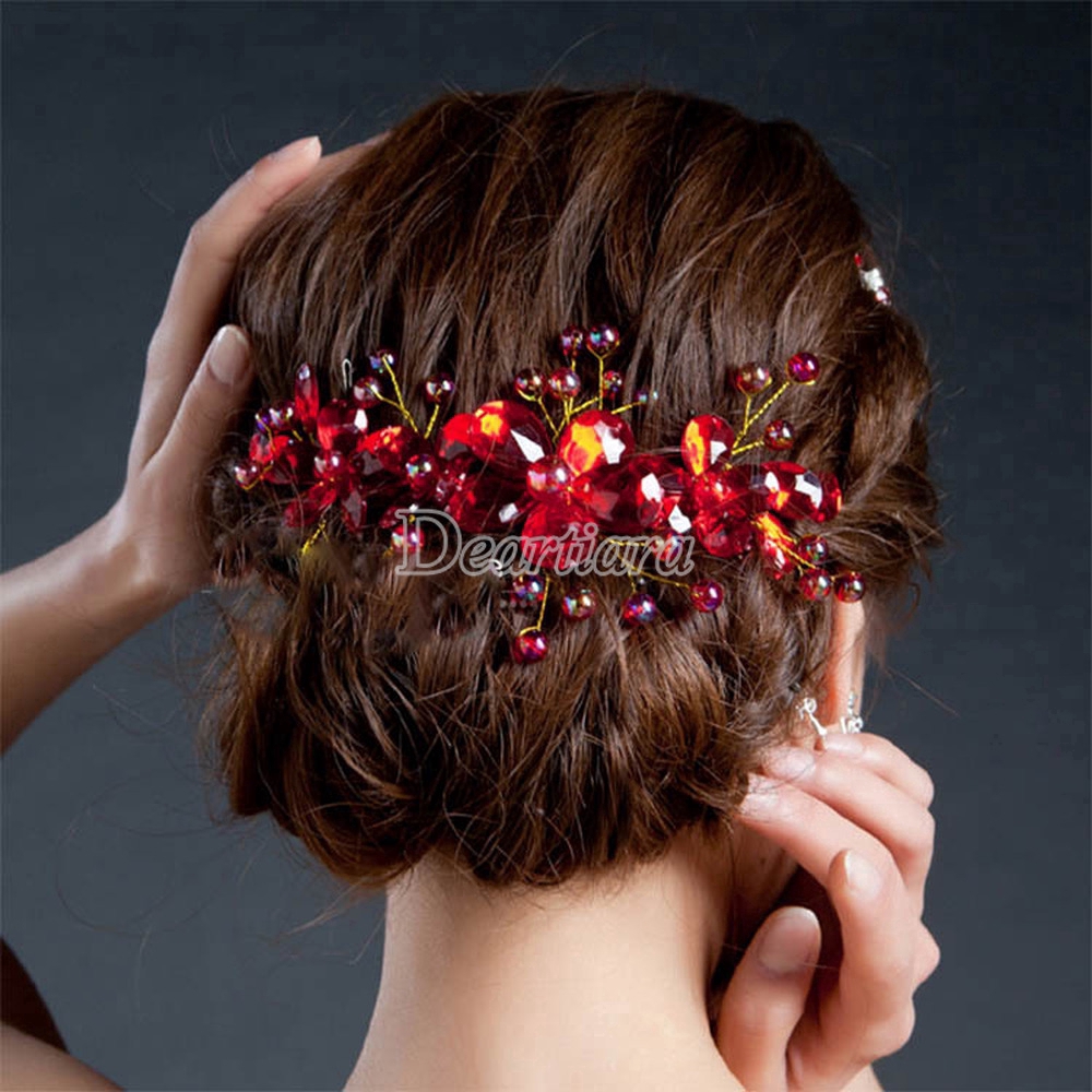 Kẹp tóc cô dâu bằng acrylic màu đỏ độc đáo xinh xắn