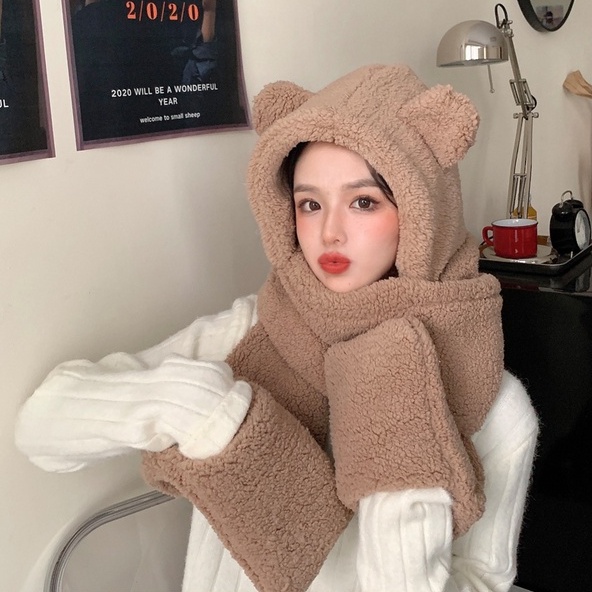 Mũ Len Tai Gấu Trùm Đầu Kèm Khăn Và Bao Tai 3 Trong 1 Siêu Xinh Jussy Kiểu Dáng Mũ Lông Cừu Dày Mịn Ấm Áp
