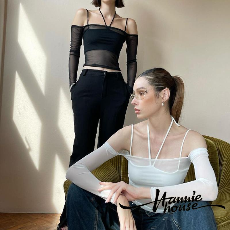Set Áo Croptop Cổ Yếm + Áo Tay Dài Trễ Vai Thời Trang Cho Nữ