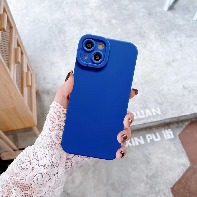Ốp điện thoại silicon mềm màu xanh dương trơn bảo vệ camera cho iPhone 11 12 13 Pro Max X XS XR 7 8 Plus