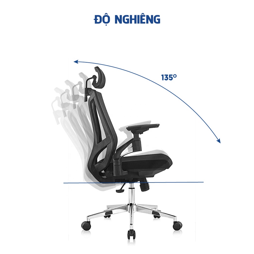 Ghế công thái học GOVI Ergonomic Plato PL05 - Tựa đầu điều chỉnh cao thấp, tựa tay 4D nâng hạ, cơ chế ngả lưng 135 độ