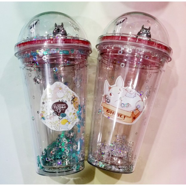 cốc 2 lớp kim tuyến totoro khủng long nắp cầu CNCKI16 cốc giữ nhiệt ly 2 lớp nắp cầu cốc làm lạnh dễ thương 500ml