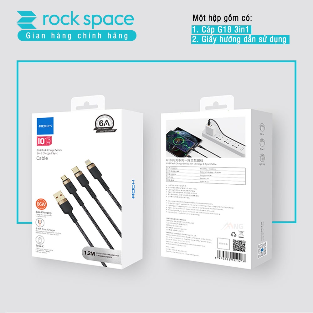 Dây cáp sạc nhanh chính hãng ba đầu Rockspace G18 Lightning, Micro, TypeC dây dù, sạc 3 thiết bị cùng lúc, BH 12 tháng