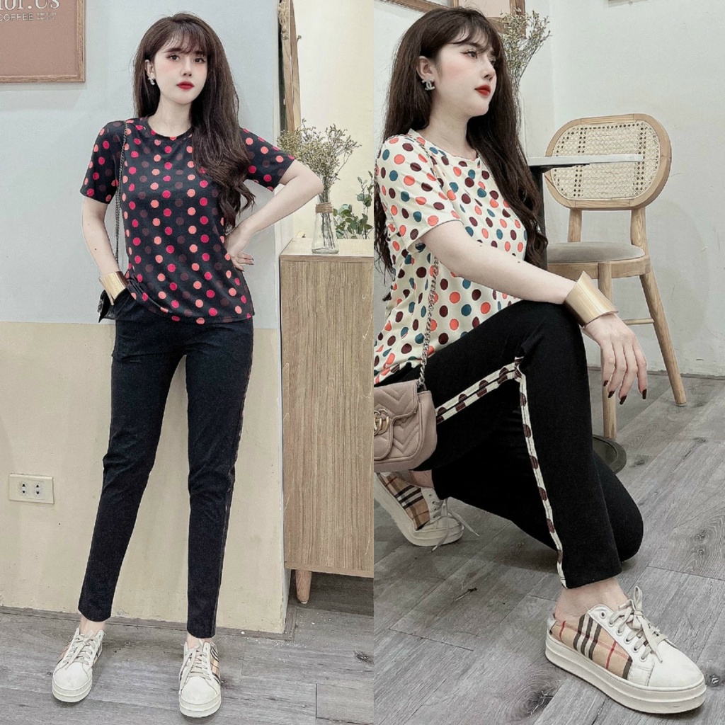 Đồ bộ dài thun cotton dáng thể thao chấm bi màu (2 màu: đen, kem)
