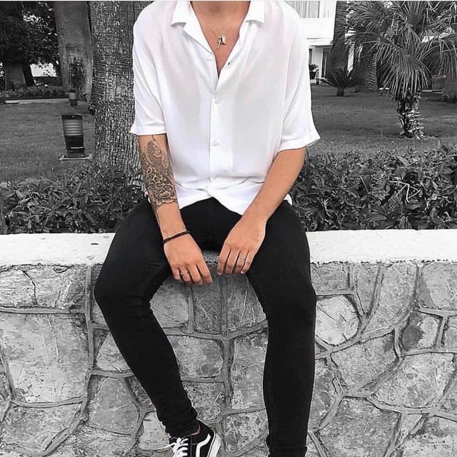 Áo Sơmi Cổ Vest Basic Unisex Tay Ngắn Ảnh Thật