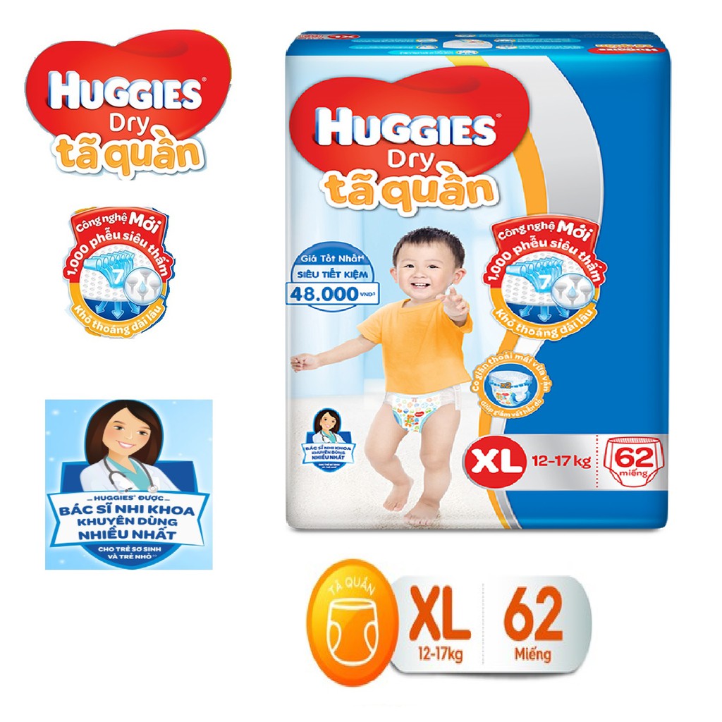 TÃ QUẦN HUGGIES MẪU MỚI LOGO ĐỎ XL62 MIẾNG --- DÀNH CHO BÉ 12-17KG