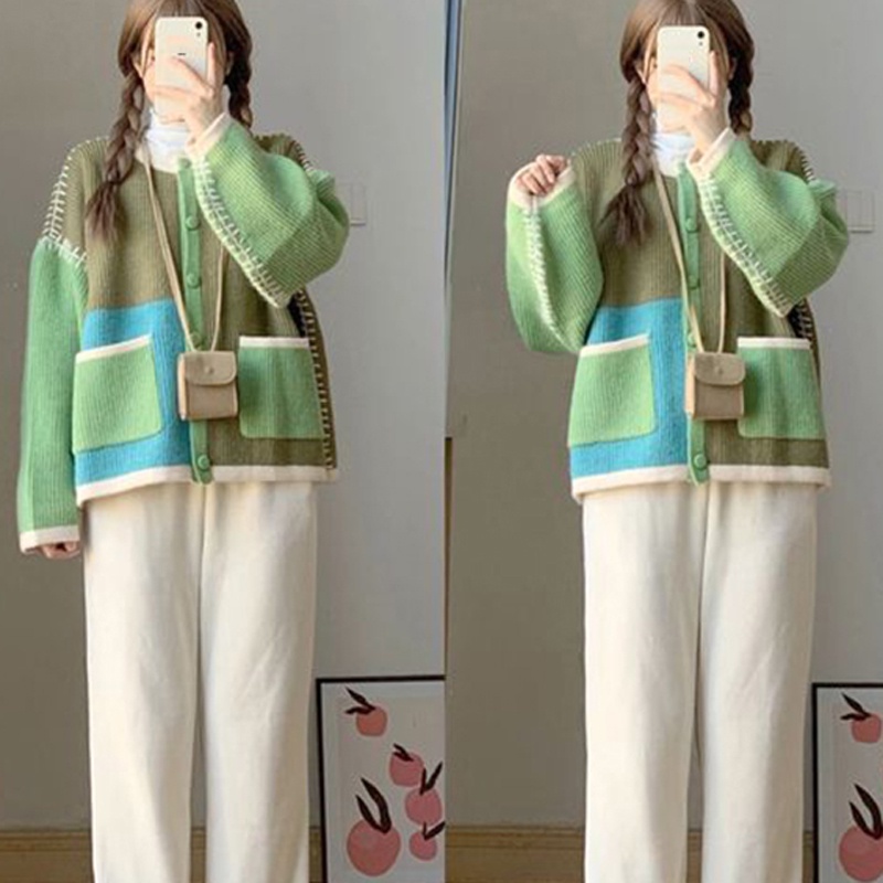 Áo sweater IELGY vải dệt kim dáng rộng màu tương phản thời trang cho nữ