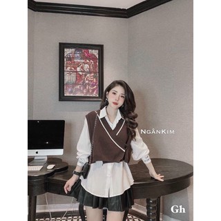 Set sơ mi gile viền chéo vạt
