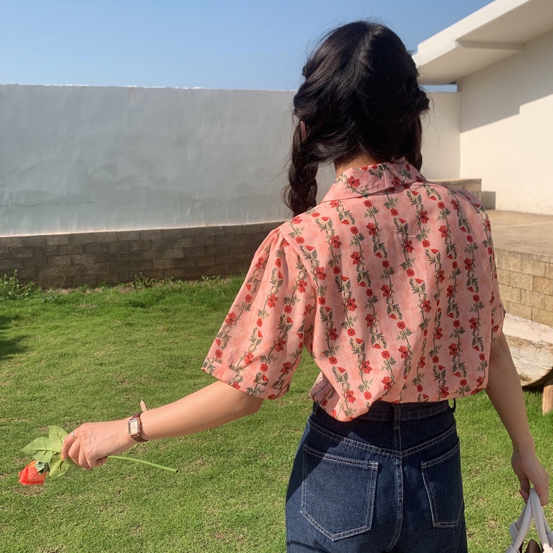 Áo sơ mi SUXI ngắn tay họa tiết hoa vintage cho nữ
