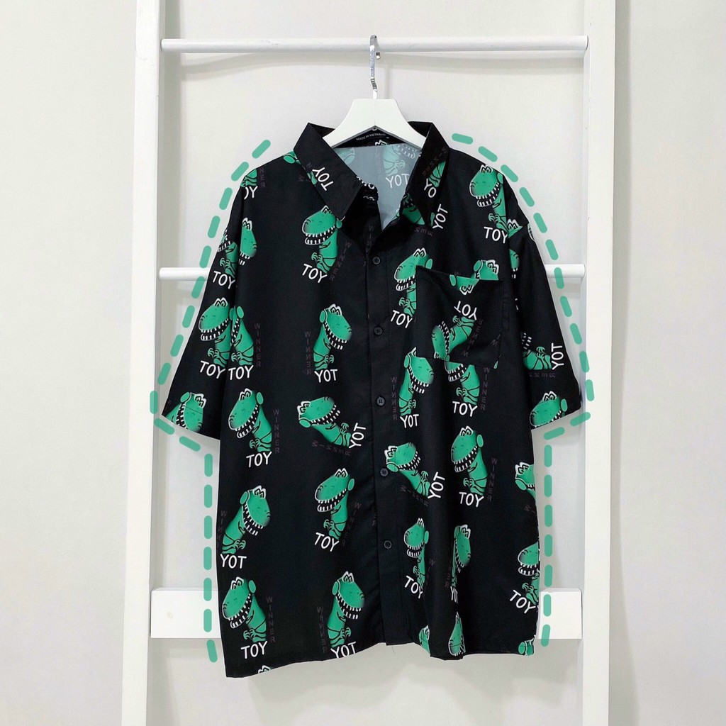 Áo sơ mi hoạ tiết khủng long xanh tay lỡ dáng rộng, sơ mi hoa dáng rộng đi biển unisex - mm | BigBuy360 - bigbuy360.vn