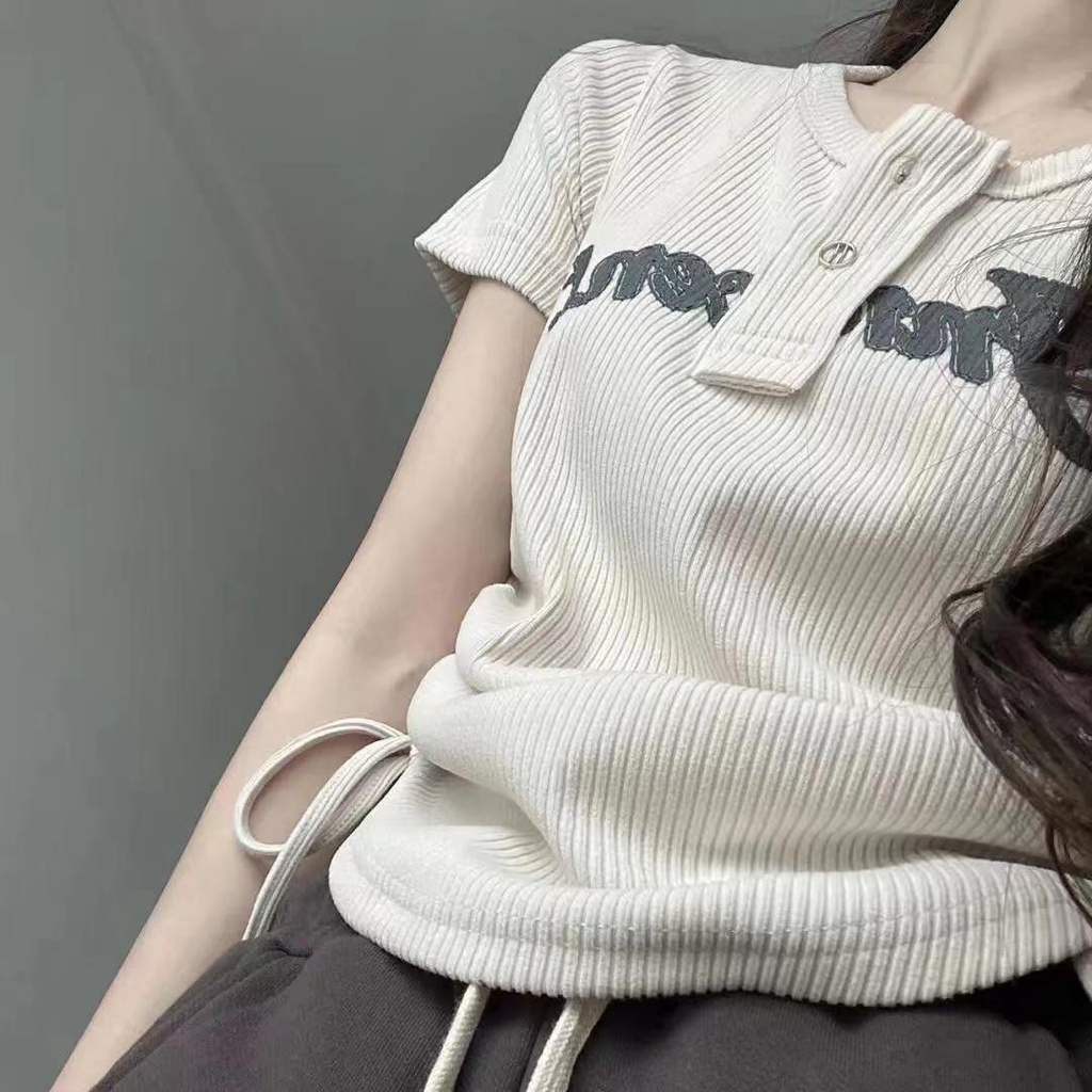 Áo Thun Tay Ngắn Phối Dây Rút Phong Cách Hồng Kông Retro Siêu Hot Cho Nữ