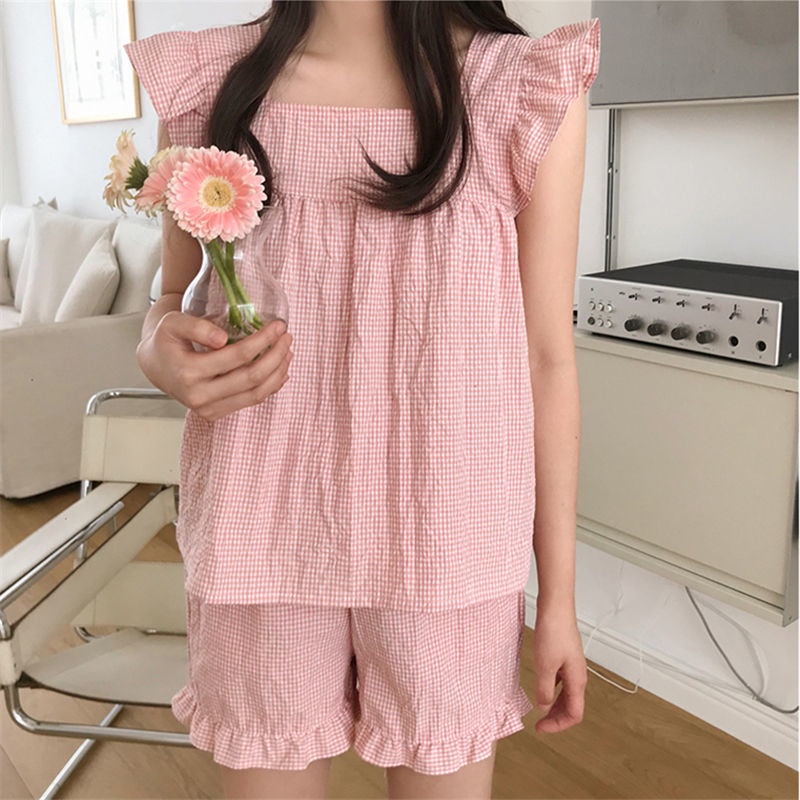 Bộ Đồ Ngủ Cổ Vuông Dáng Rộng Hoa Văn Kẻ Ô Thời Trang Mùa Hè Dành Cho Nữ