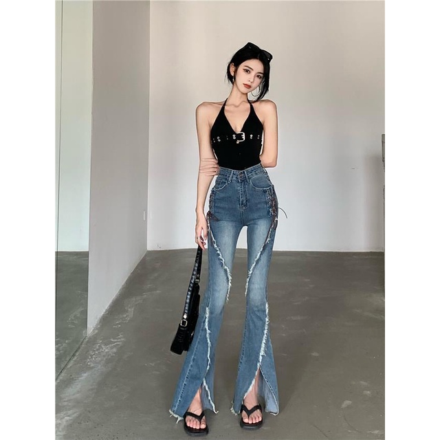 Quần Jeans Xẻ Tà Lưng Cao Thời Trang Dành Cho Nữ