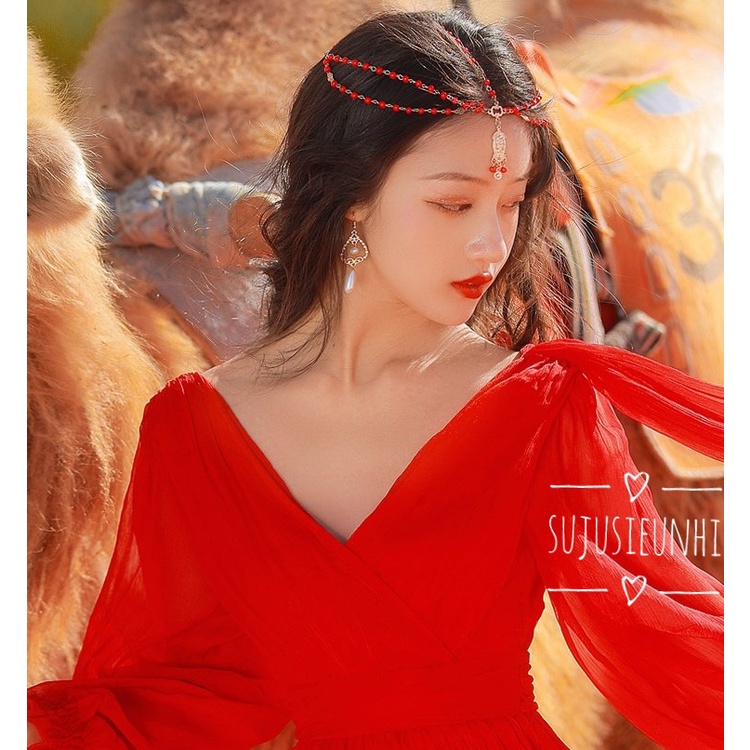 (Mẫu đỏ) Vòng đội đầu đính hạt dáng chuỗi Tây Tạng, trang trí trán cosplay cô gái Mông Cổ