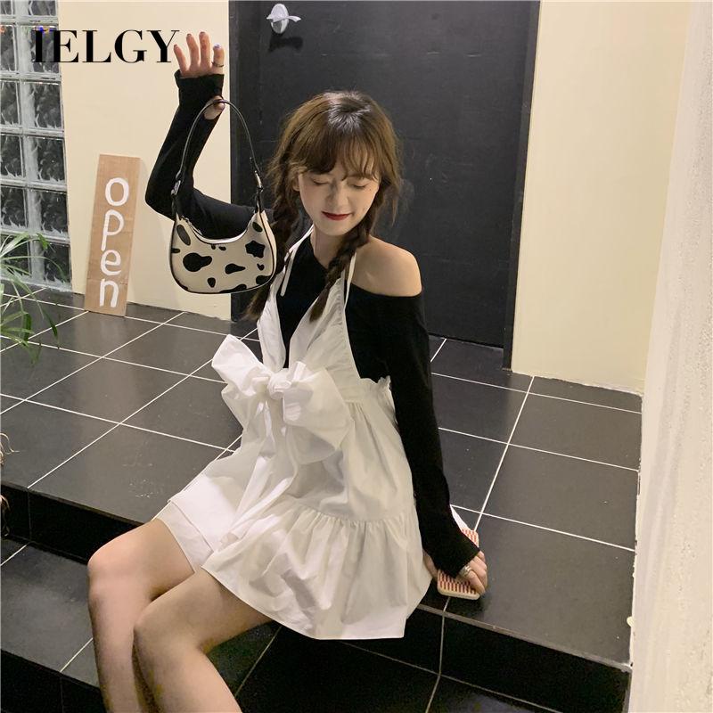 Bộ trang phục IELGY gồm áo trễ vai kèm đầm cổ yếm phối nơ thời trang retro cho nữ (có bán lẻ)