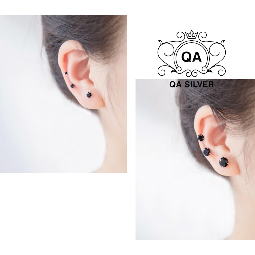 Khuyên tai nụ bạc 925 đính đá 4 chấu bông bạc trơn tối giản đen trắng S925 BASIC Silver Earrings QA SILVER EA170801