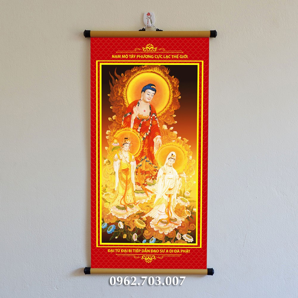 Tranh Tây Phương Tam Thánh treo tường bằng vải cao cấp dày dặn bền đẹp 30x60cm