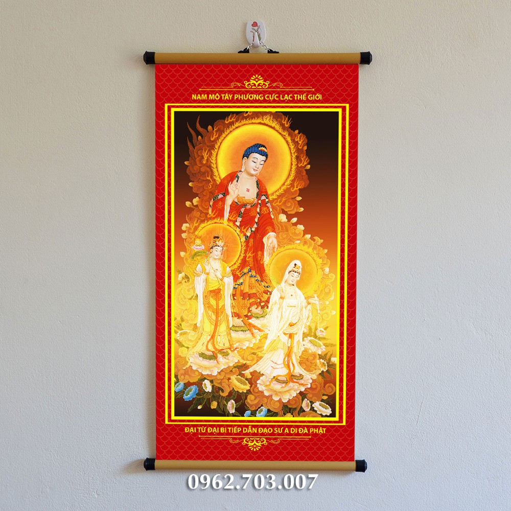 Tranh Tây Phương Tam Thánh treo tường bằng vải cao cấp dày dặn bền đẹp 30x60cm, tranh Phật treo tường