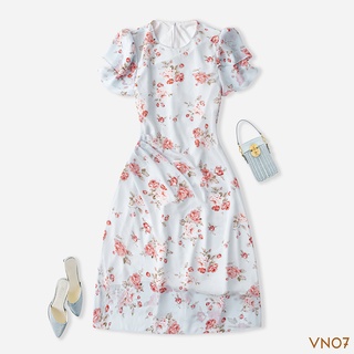 Váy Nữ Hoa Cổ Tròn Thiết Kế Tay Cánh Tiên Vải Voan Cát Cao Cấp Norick