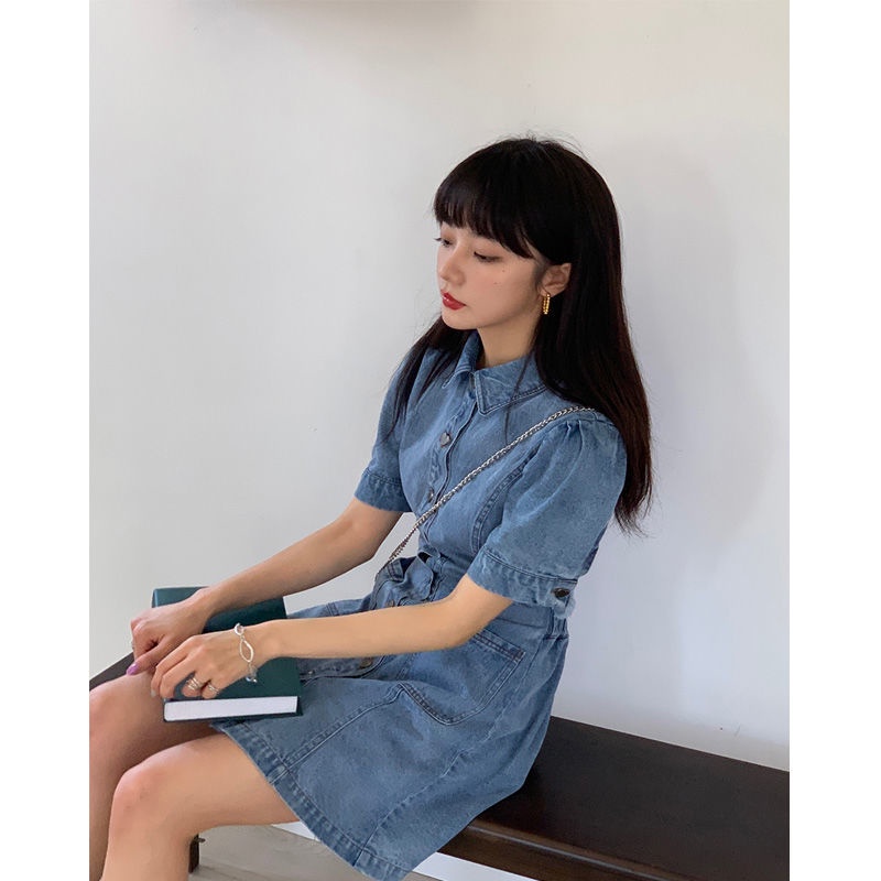 Đầm denim ngắn IELGY cài nút phong cách retro