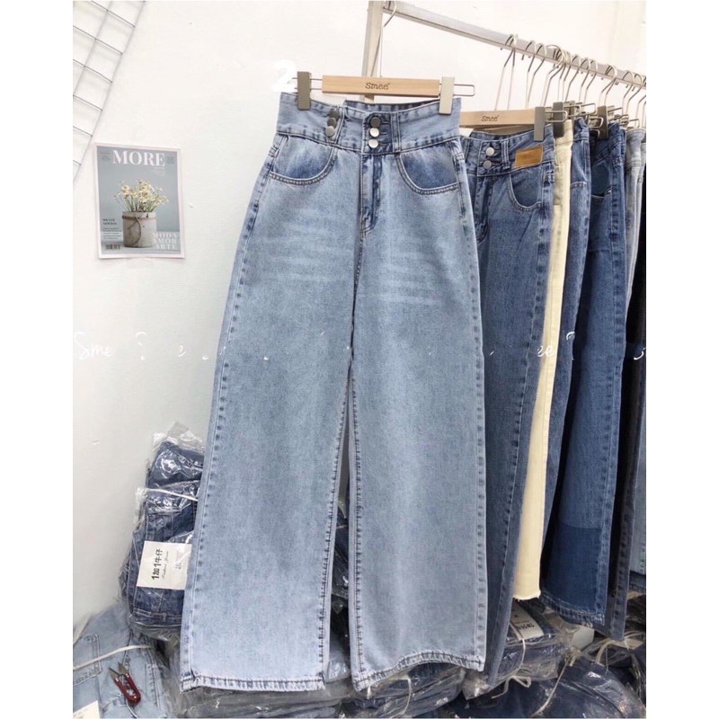 Quần Jeans Ống Rộng🌸 Quần Bò Nữ Ống Rộng Cạp Cao Trơn Basic 6 Khuy