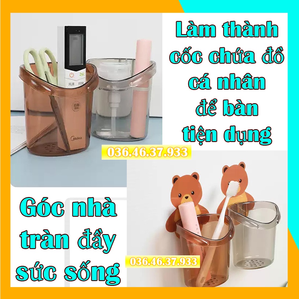 Cốc đựng bàn chải và kem đánh răng hình gấu dán tường chịu lực tốt đa năng sang trọng