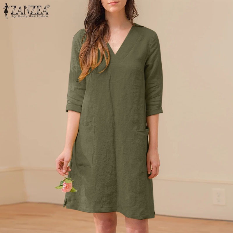 Đầm chữ A ZANZEA cổ chữ V nữ tính thời trang