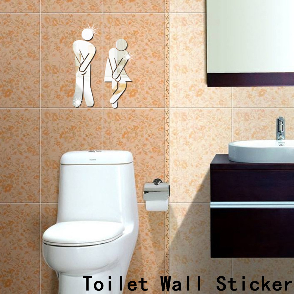 Bộ 2 decal trang trí cửa toilet bằng nhựa vinyl tráng gương hình nam và nữ