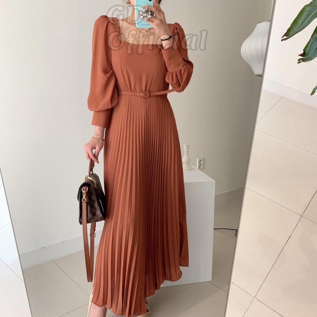 D46|Đầm nữ cổ vuông kèm thắt lưng tay phồng dáng dài nếp gấp chất lụa satin thanh lịch màu đen, cam GD Official