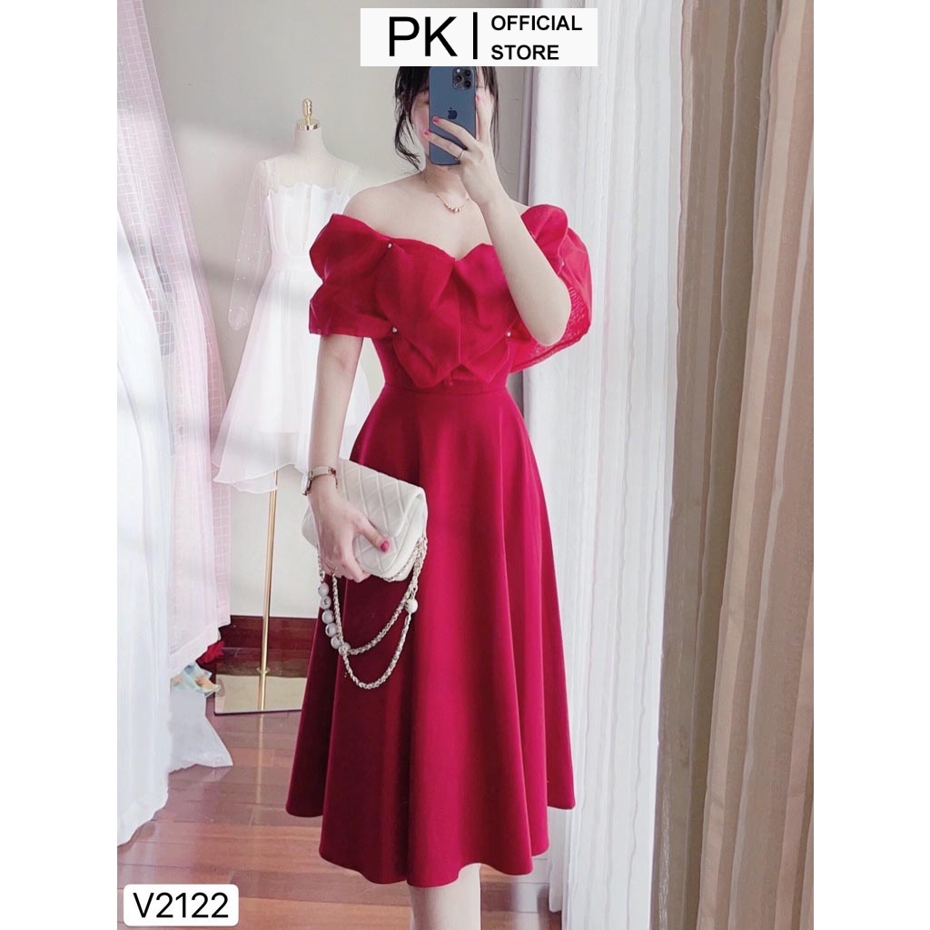 Váy Xoè Đỏ Trễ Vai V2122, Đầm Xoè Đỏ Dự Tiệc Cao Cấp - PK Offcial