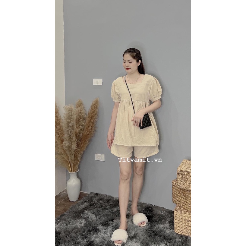 Bộ đùi bầu babydoll big size quần chỉnh chun, bộ ngố bầu sau sinh vải đũi xốp mềm mát
