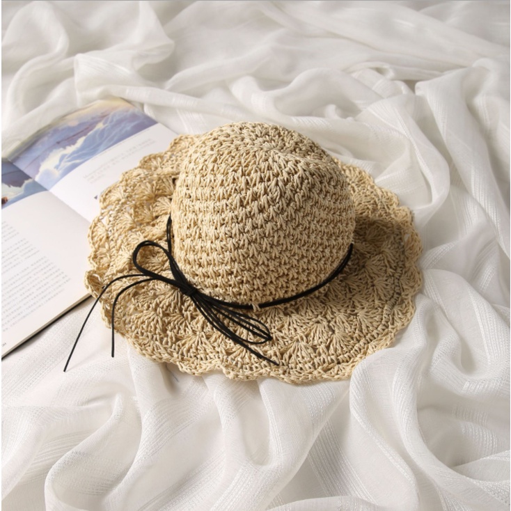 Mũ cói đi biển mềm nón đi biển nữ rộng vành nơ đen gấp gọn nàng thơ phong cách Hàn Quốc