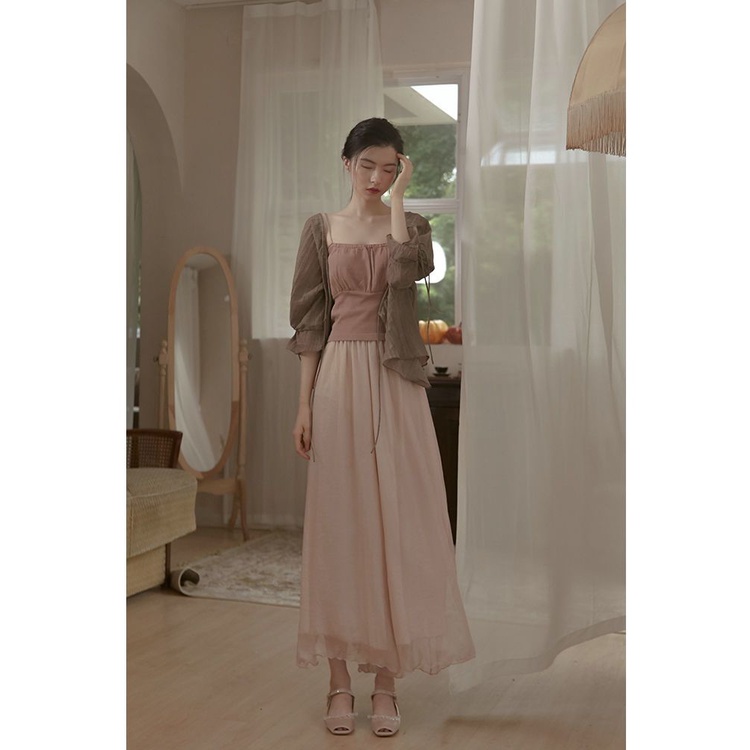 M &amp; E Set Áo Sơ Mi Voan Chống Nắng + Váy Yếm + Quần Ống Rộng Phong Cách Cổ Điển Dễ Phối Đồ Mùa Hè Cho Nữ