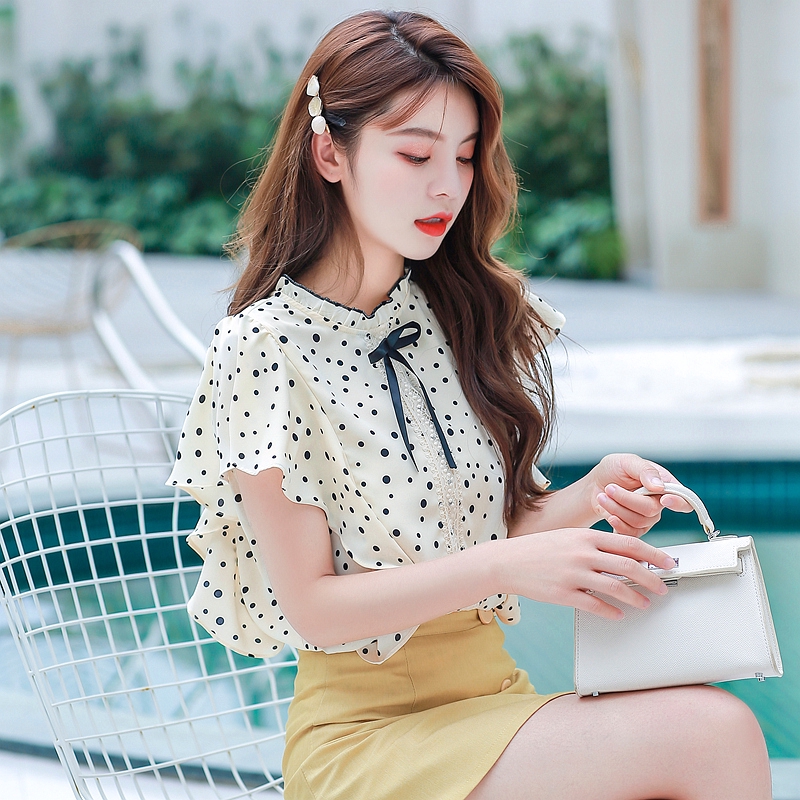 Áo Voan Ngắn Tay Họa Tiết Chấm Bi Xinh Xắn Dành Cho Nữ