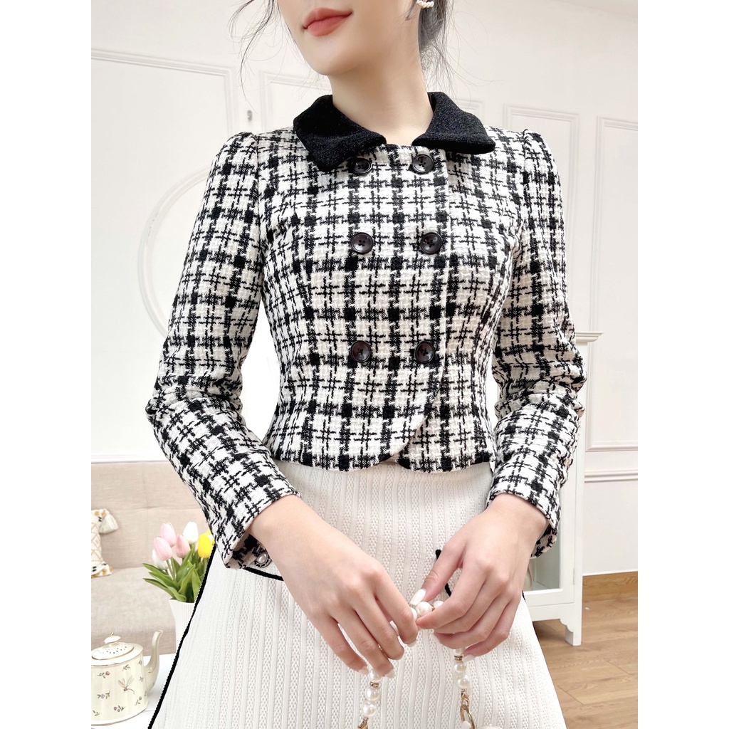[Mã WABRTL1 giảm 10% đơn 500K] Áo blazer kẻ phối đen 1AO114KE Lep'