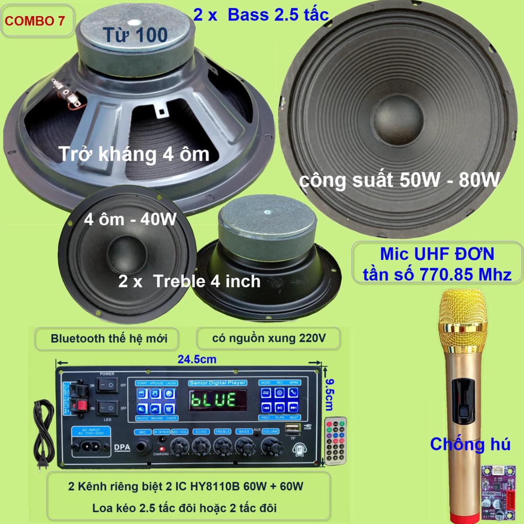 Combo loa kéo 2.5 tấc đôi HY8110B 130W - Karaoke có chống hú – chỉnh Bass Treble Micro – nguồn xung 220V – Guitar điện