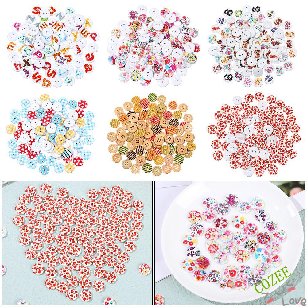 Bộ 100 Nút Gỗ 2 Lỗ In Họa Tiết Dùng May Quần Áo Diy